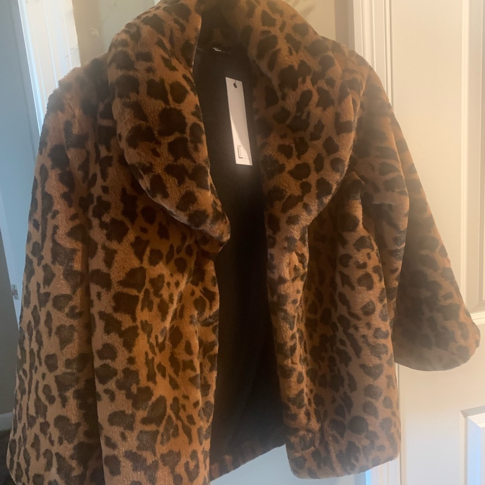 Love Token - size Small Faux Fur Open Dark Leopard Jacket 3/4 sleeves